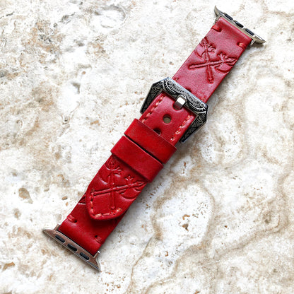 Crossed Axes Band 22mm 24mm 25mm Compatible with Apple Watch Fitbit Versa 2 3 4 Sense 2 Ionic Tooled Embossed Genuine Leather Strap