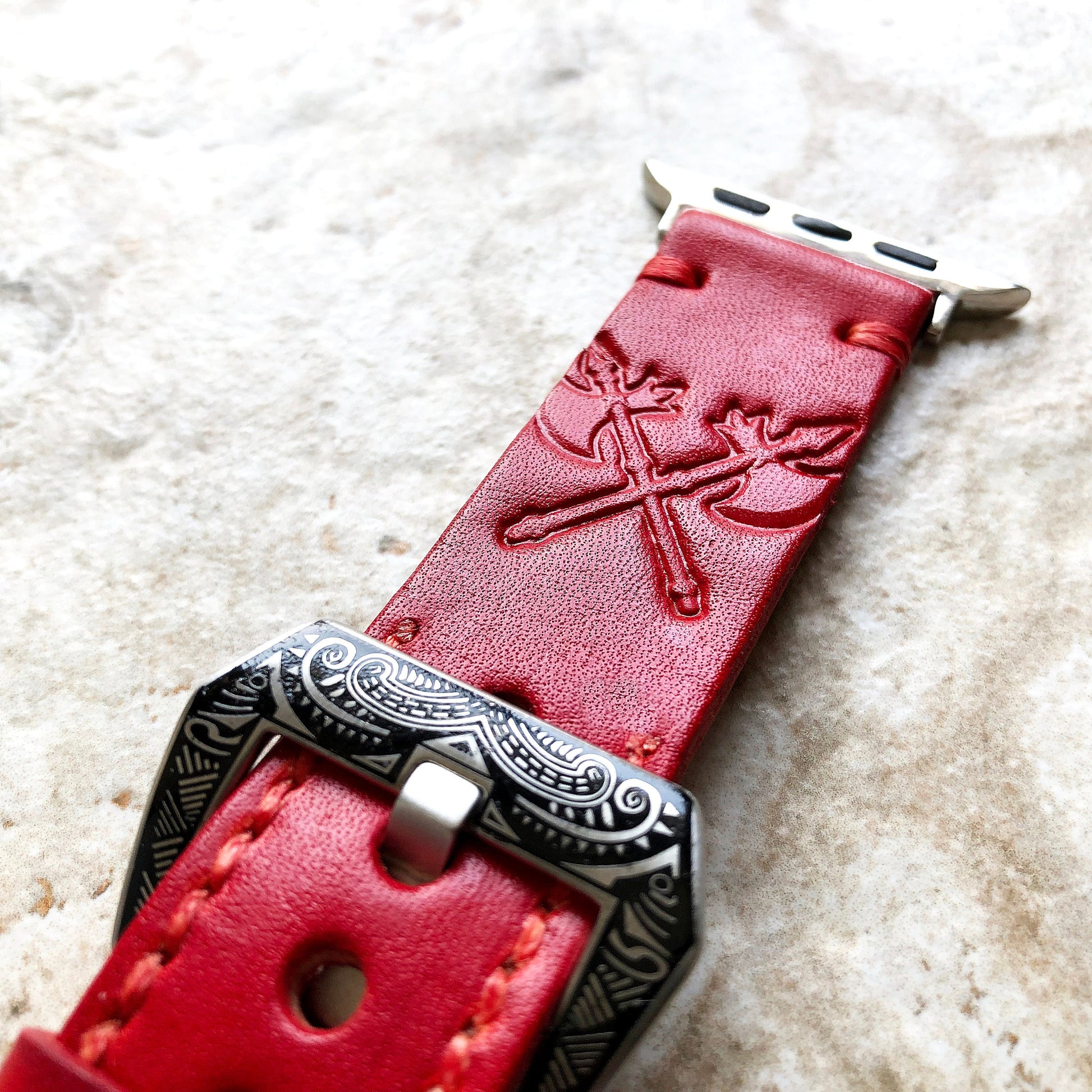 Crossed Axes Band 22mm 24mm 25mm Compatible with Apple Watch Fitbit Versa 2 3 4 Sense 2 Ionic Tooled Embossed Genuine Leather Strap