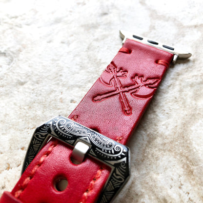 Crossed Axes Band 22mm 24mm 25mm Compatible with Apple Watch Fitbit Versa 2 3 4 Sense 2 Ionic Tooled Embossed Genuine Leather Strap