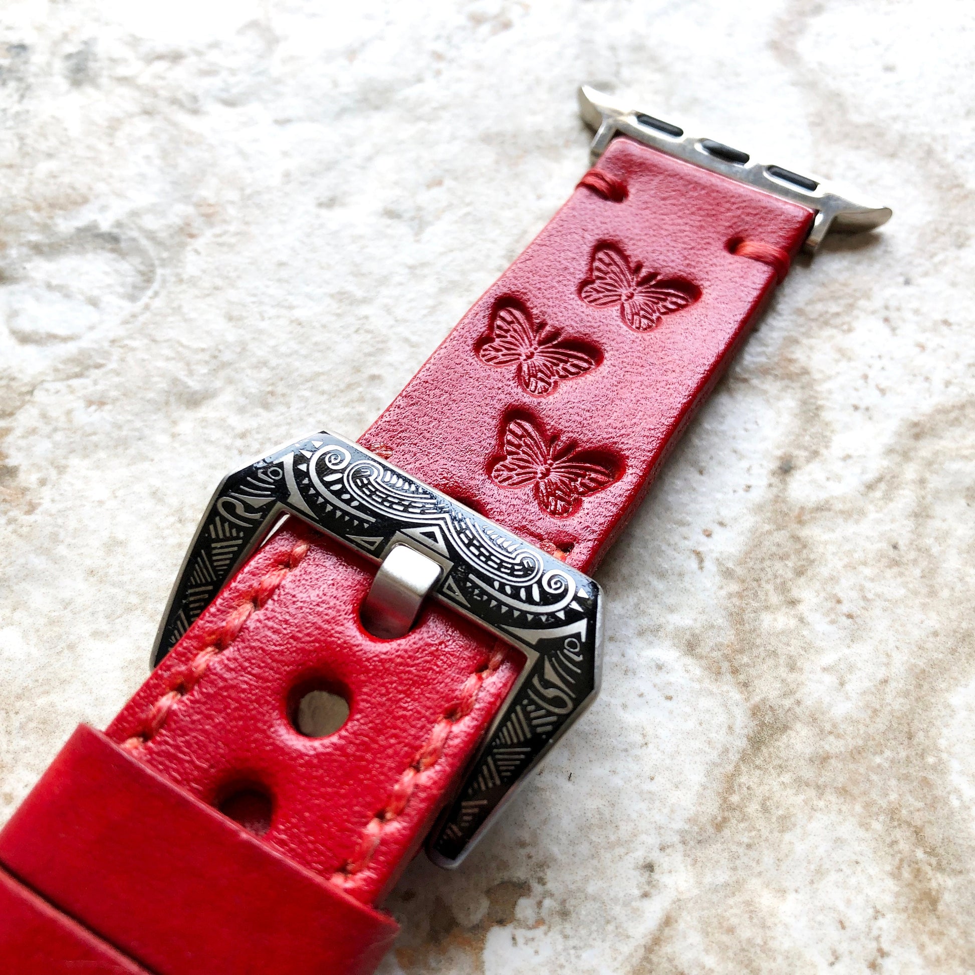 Butterflies Band 22mm 24mm 25mm Tooled Embossed Genuine Leather Compatible with Apple Watch Fitbit Versa 2 3 4 Sense 2 Ionic Handmade Strap