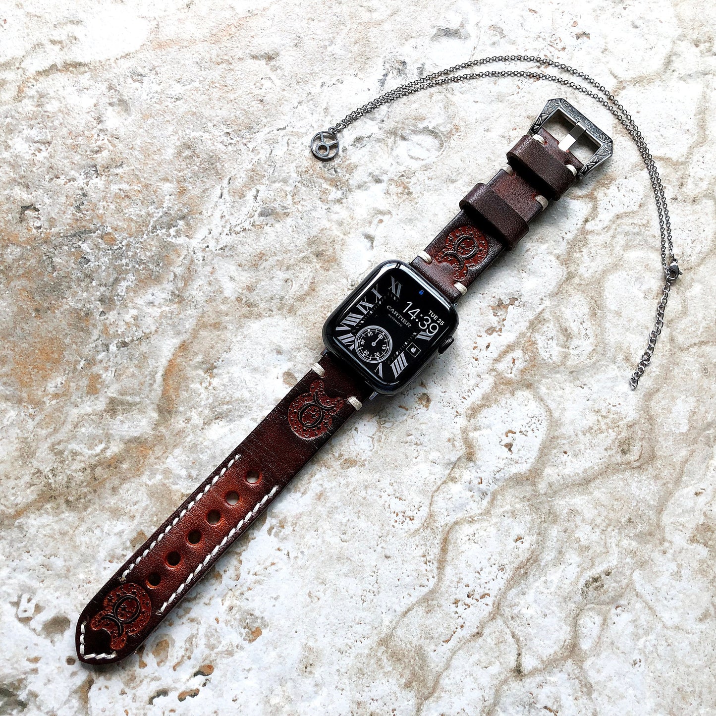Apple Watch Taurus Zodiac Band Set for iWatch Ultra 2 9 8 7 6 5 4 3 2 1 38mm 40 41 42mm 44mm 45mm 49mm Brown Leather Embossed Strap Necklace