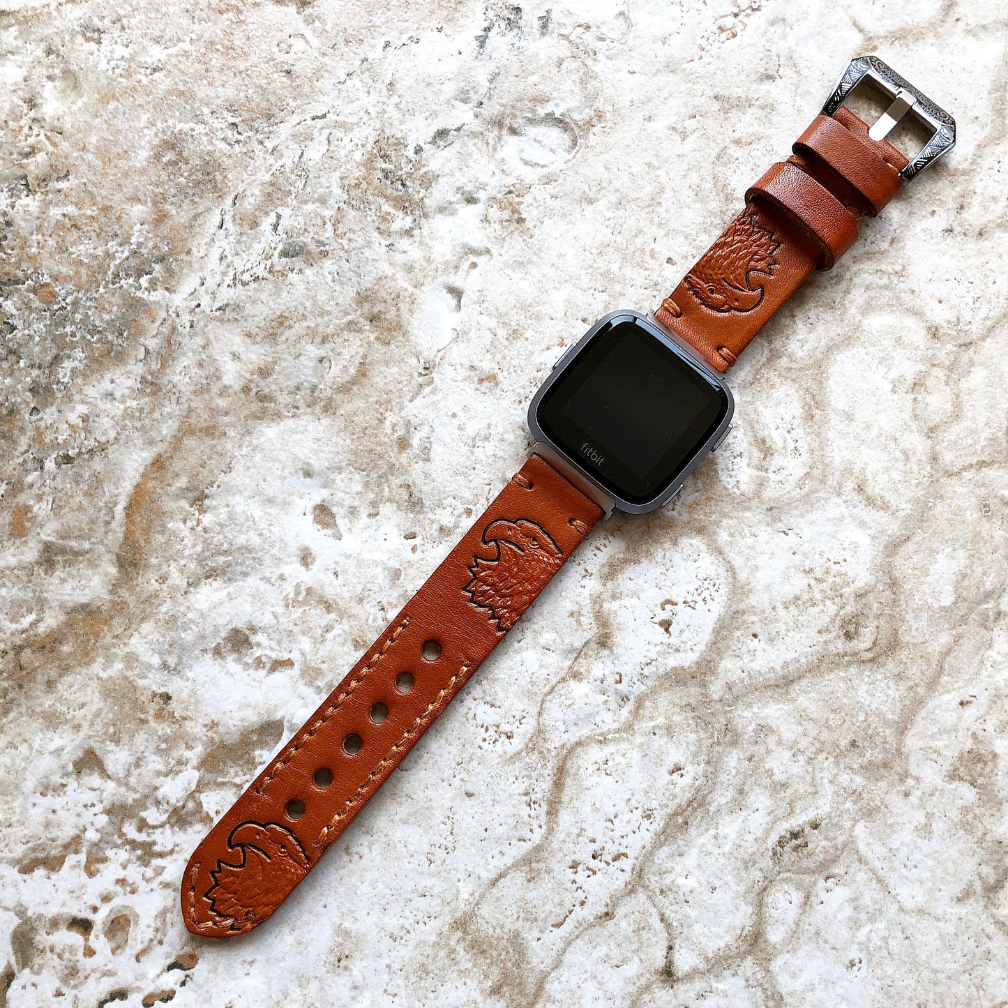 Band for Fitbit Versa 2 3 4 Sense 2 Eagle Head Tooled Embossed Brown Leather Strap Watch Bracelet Engraved Silver Rose Gold Black Finish