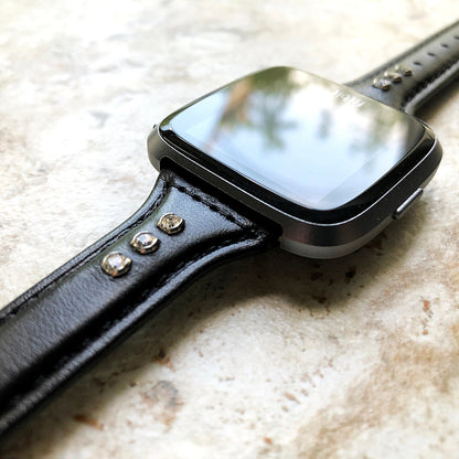 Fitbit Versa 2 3 4 Sense 2 Black Leather Band with Sparking Crystals Slim Elegant Soft Straps Stitching Details Quick Release Pins Adapters