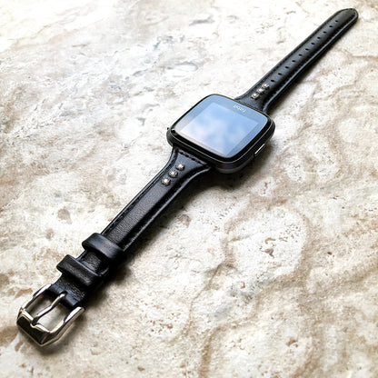 Fitbit Versa 2 3 4 Sense 2 Black Leather Band with Sparking Crystals Slim Elegant Soft Straps Stitching Details Quick Release Pins Adapters