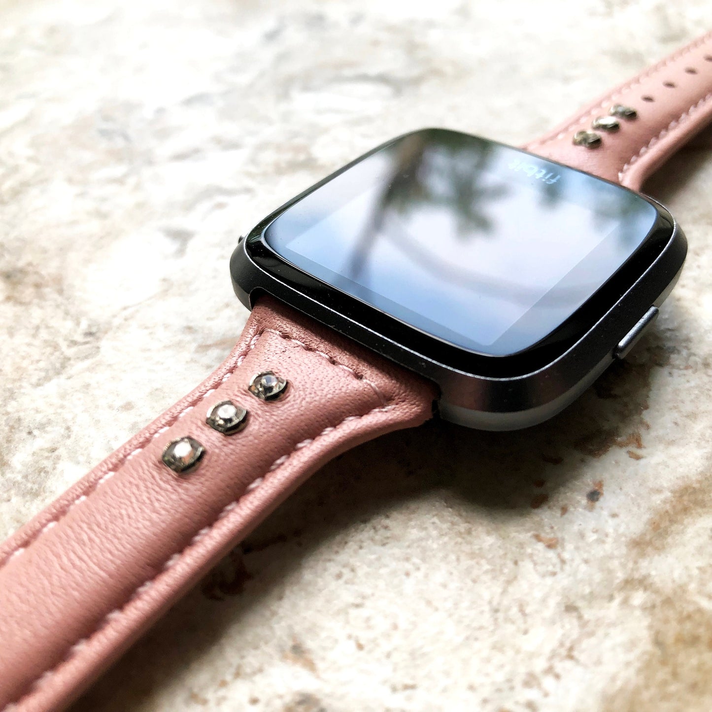 Fitbit Versa 2 3 4 Sense 2 Pink Leather Band with Sparking Crystals Slim Elegant Soft Straps Stitching Details Quick Release Pins Adapters