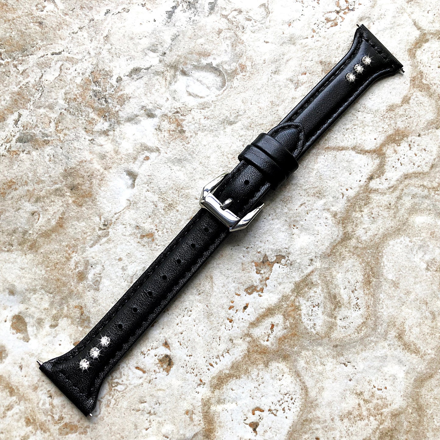22mm Black Leather and Crystals Slim Elegant Soft Watch Strap Band for Wrist Hand Watches - Quick Release Pins Included Easy Ready to Attach