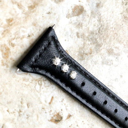 22mm Black Leather and Crystals Slim Elegant Soft Watch Strap Band for Wrist Hand Watches - Quick Release Pins Included Easy Ready to Attach