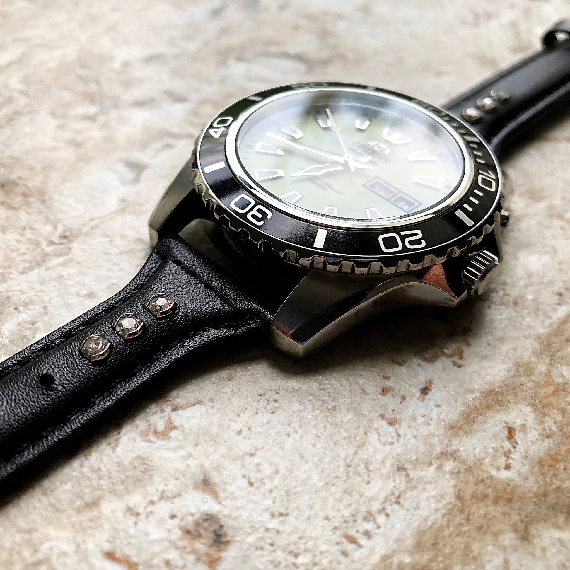 22mm Black Leather and Crystals Slim Elegant Soft Watch Strap Band for Wrist Hand Watches - Quick Release Pins Included Easy Ready to Attach