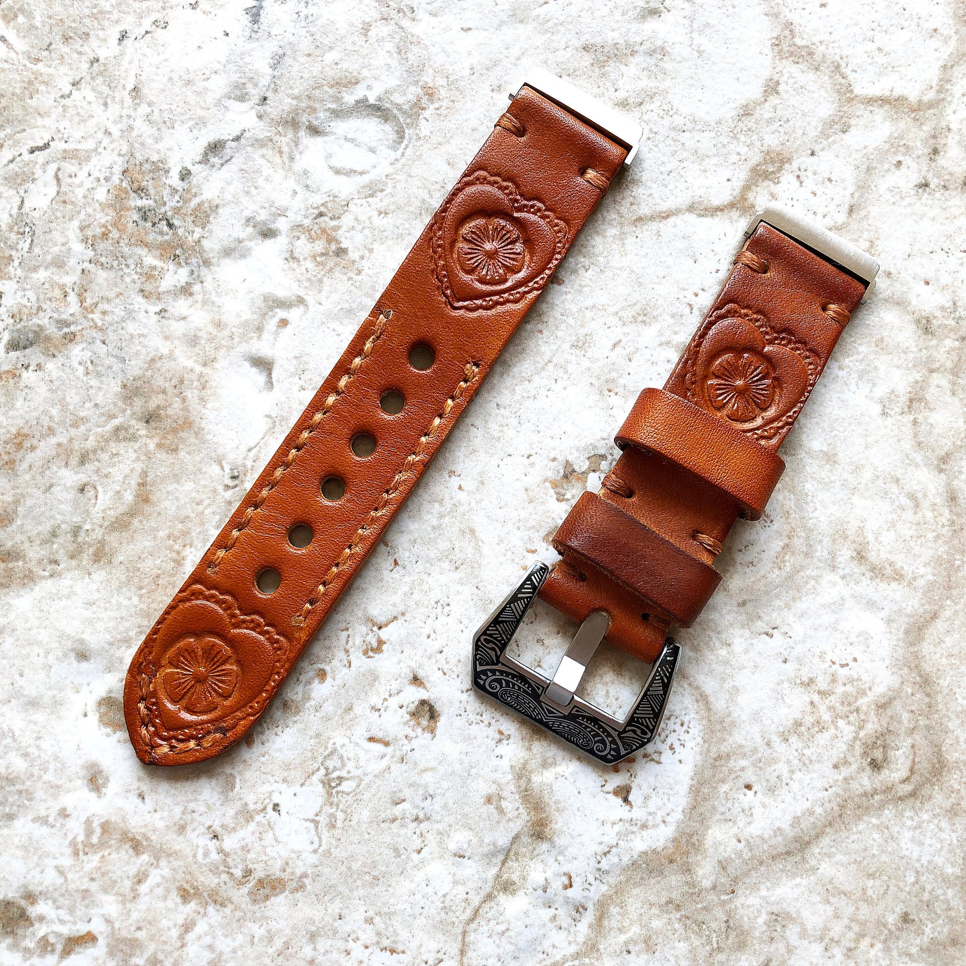 Band for Fitbit Versa 2 3 4 Sense 2 Heart Flower Tooled Embossed Brown Leather Strap Watch Bracelet Engraved Silver Rose Gold Black Finish