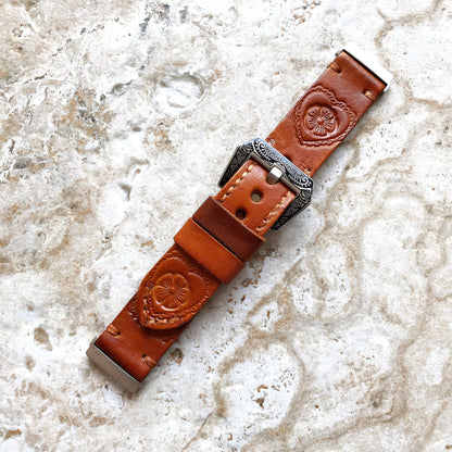 Band for Fitbit Versa 2 3 4 Sense 2 Heart Flower Tooled Embossed Brown Leather Strap Watch Bracelet Engraved Silver Rose Gold Black Finish