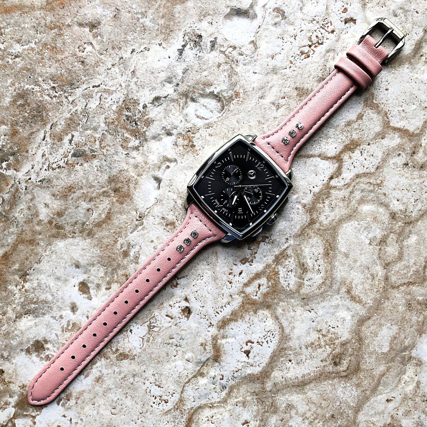 22mm Pink Leather and Crystals Slim Elegant Soft Watch Strap Band for Wrist Hand Watches - Quick Release Pins Included Easy Ready to Attach