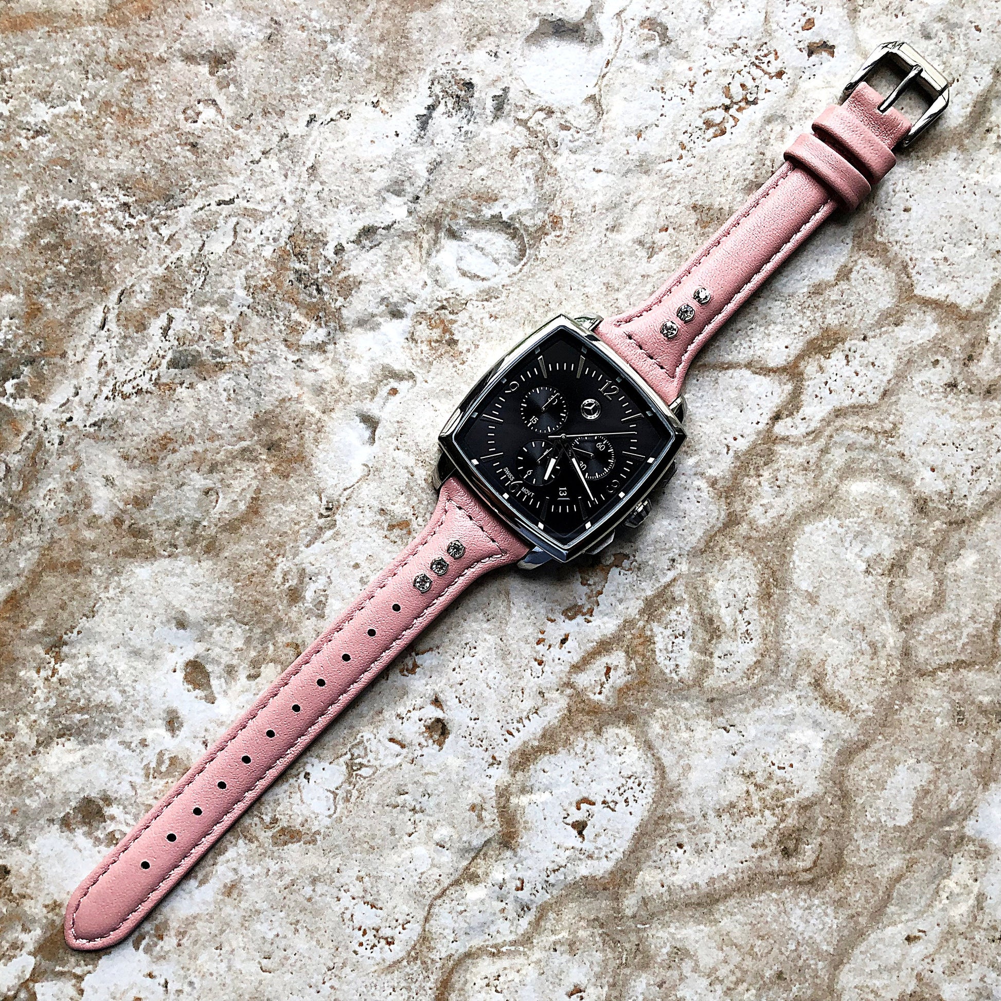 22mm Pink Leather and Crystals Slim Elegant Soft Watch Strap Band for Wrist Hand Watches - Quick Release Pins Included Easy Ready to Attach