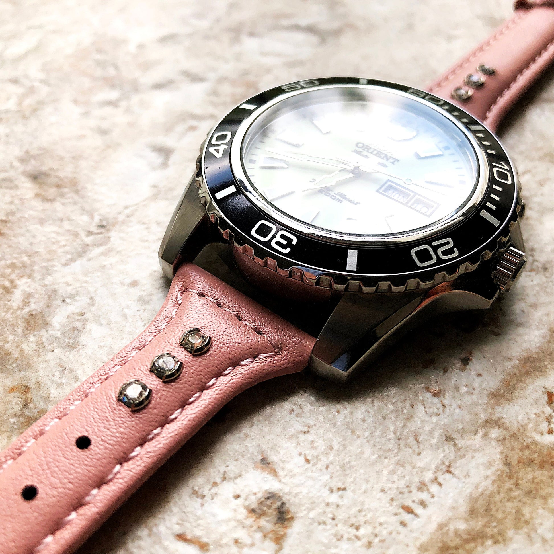 22mm Pink Leather and Crystals Slim Elegant Soft Watch Strap Band for Wrist Hand Watches - Quick Release Pins Included Easy Ready to Attach