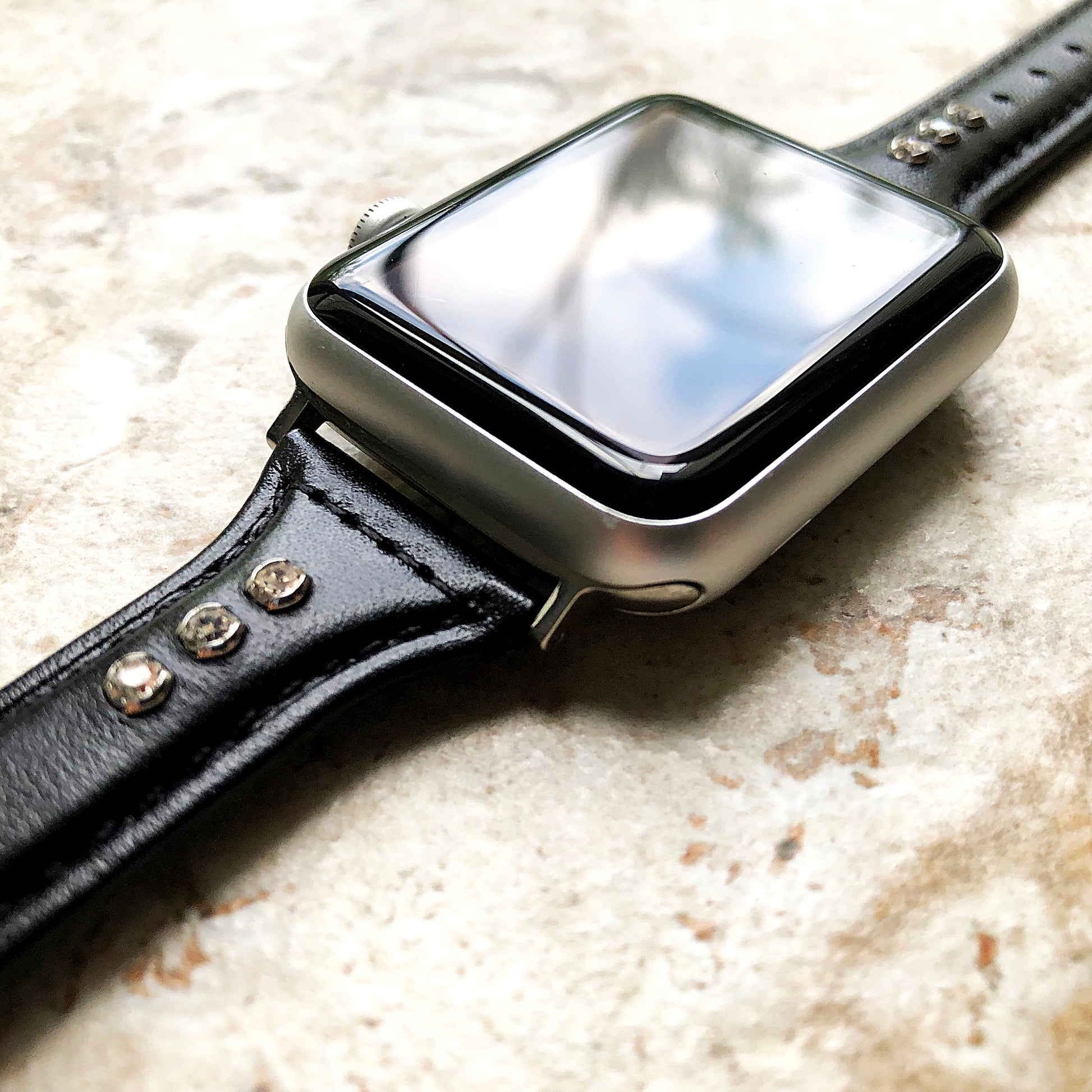 Apple Black Leather and Crystals Slim Elegant Soft Band Strap Bracelet for iWatch All Series 38mm 40mm 41mm 42mm 44mm 45mm 49mm Case