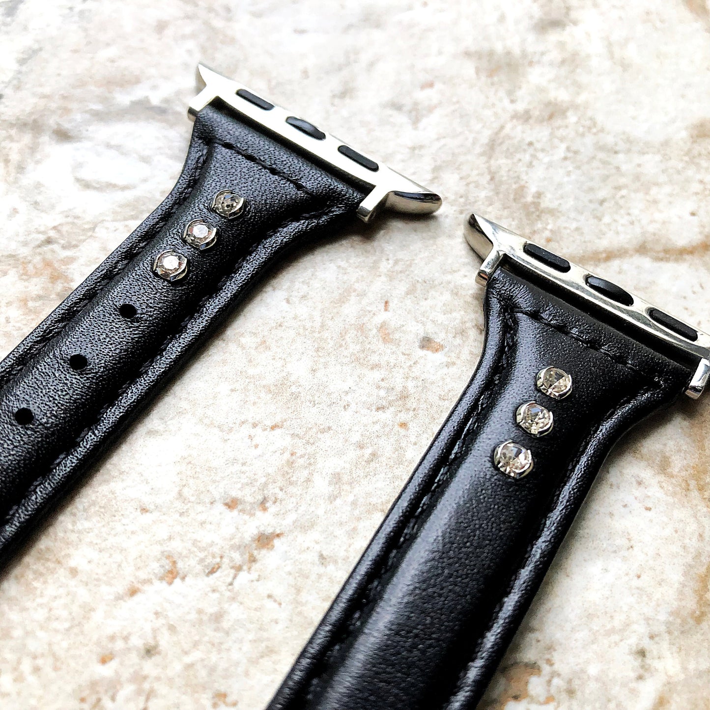 Apple Black Leather and Crystals Slim Elegant Soft Band Strap Bracelet for iWatch All Series 38mm 40mm 41mm 42mm 44mm 45mm 49mm Case