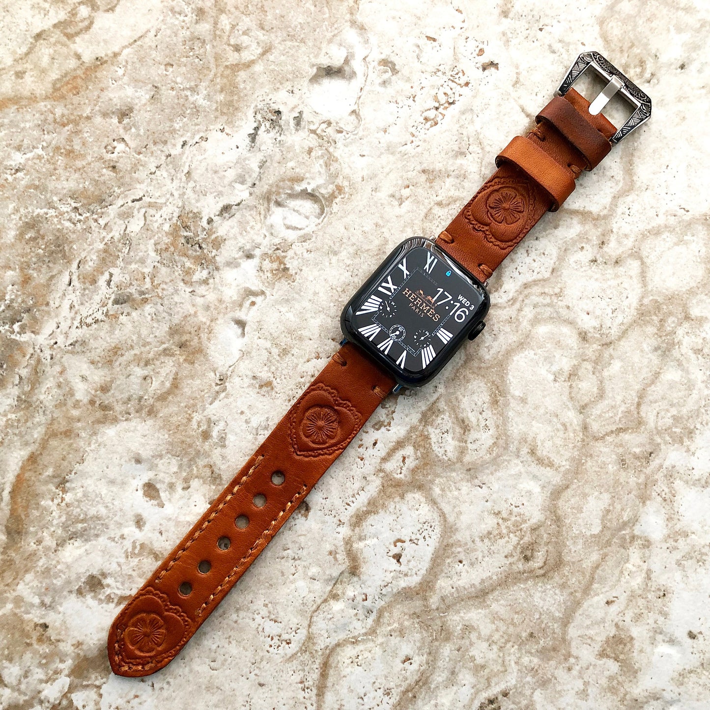 Apple Watch Ultra 2 and 9 8 Series Heart and Flower Leather Band for iWatch 41mm 45mm 49mm Case Embossed Tooled Handmade Strap Bracelet
