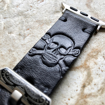 Apple Watch Skull X Bones Band Tooled Embossed Handmade Black Genuine Leather Strap for iWatch Ultra 2 49mm and 9 8 Series 41mm 45mm Case