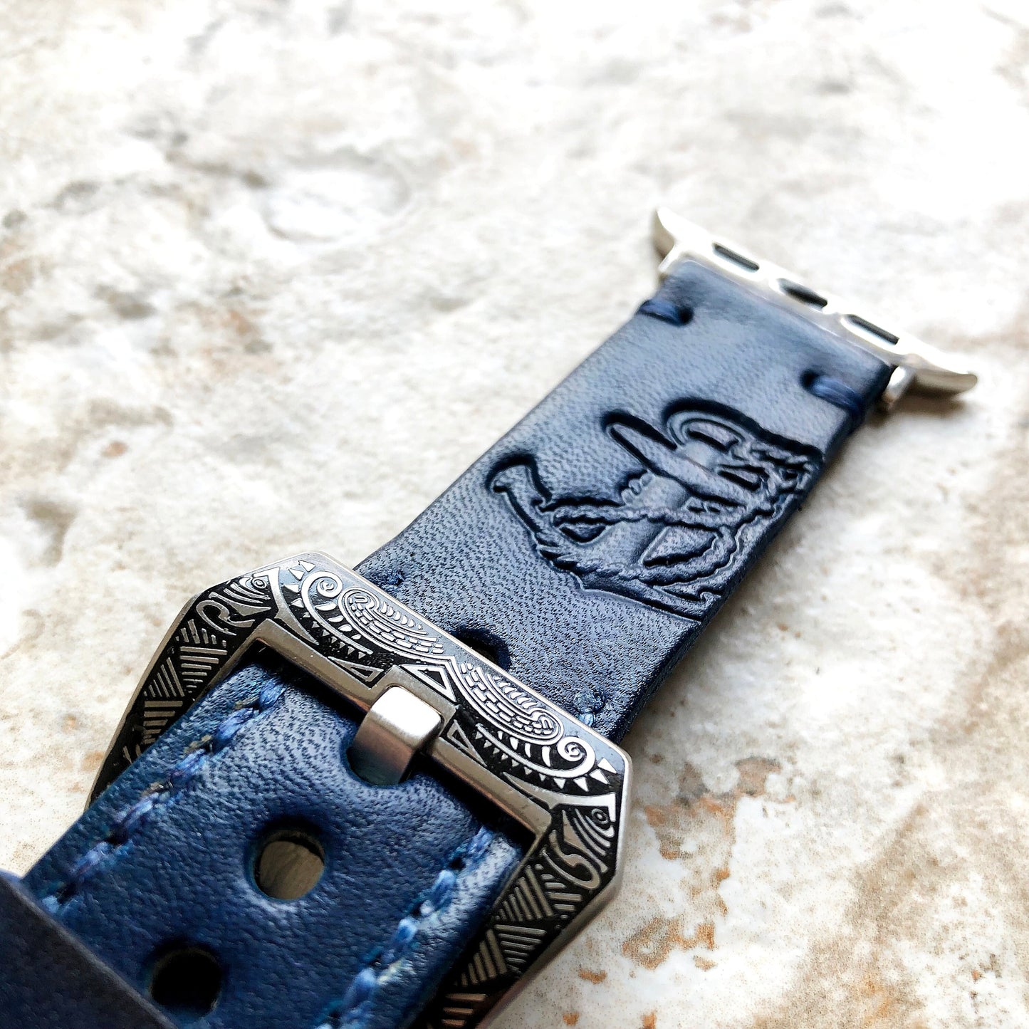 Apple Watch Ultra 2 and 9 8 Series Blue Genuine Leather Band Anchor for iWatch 41mm 45mm 49mm Case Embossed Tooled Handmade Strap Bracelet