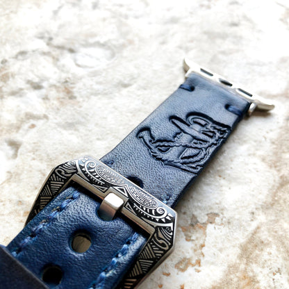 Apple Watch Ultra 2 and 9 8 Series Blue Genuine Leather Band Anchor for iWatch 41mm 45mm 49mm Case Embossed Tooled Handmade Strap Bracelet