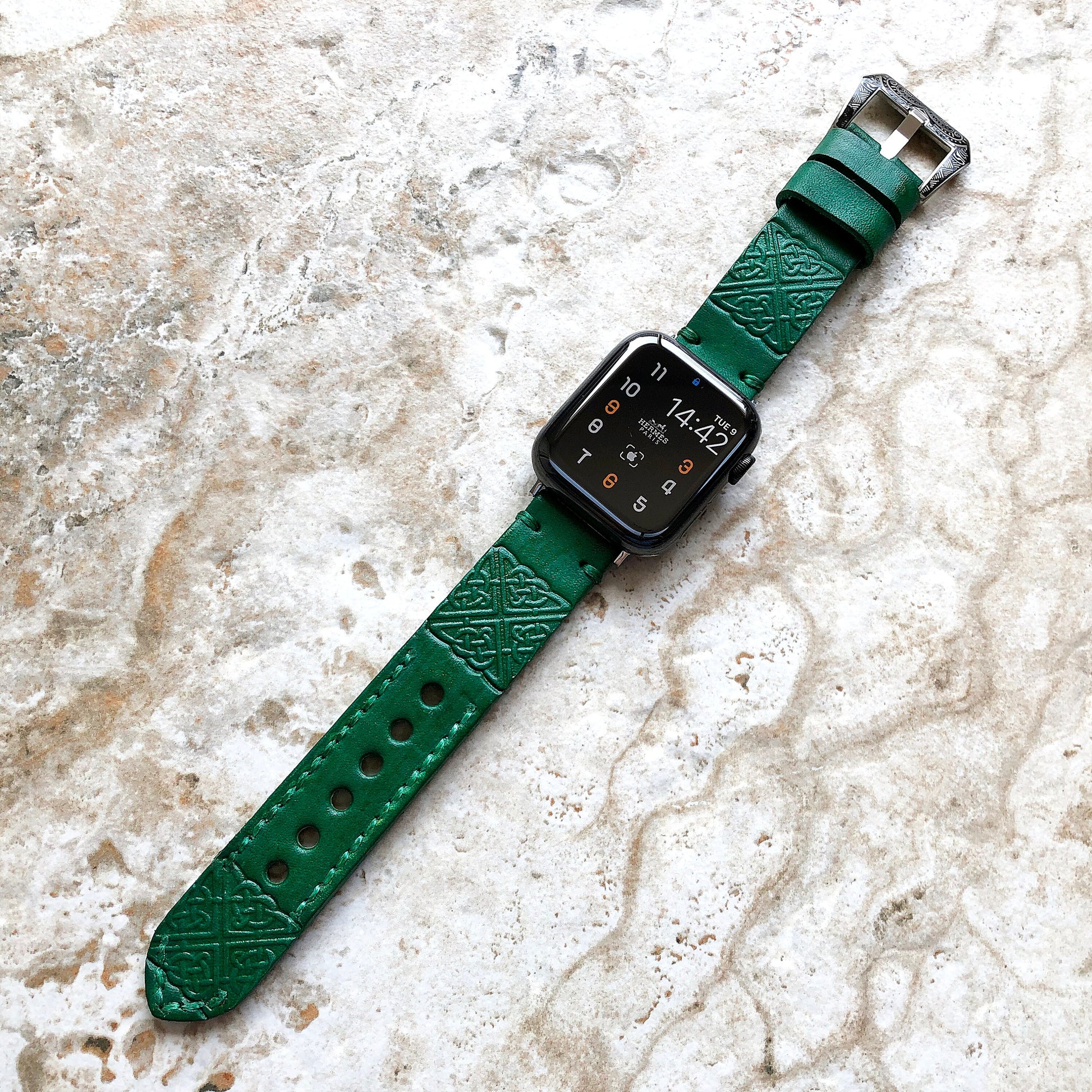 Apple Watch Square Celtic Symbol Tooled Embossed Handmade Green Leather Band Strap for iWatch All Series 38mm 40mm 41mm 42mm 44mm 45mm 49mm