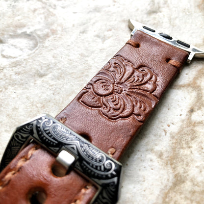 Apple Watch Band Peony Flower for iWatch All Series 38mm 40mm 41mm 42mm 44mm 45mm 49mm Tooled Embossed Handmade Brown Leather Strap Bracelet