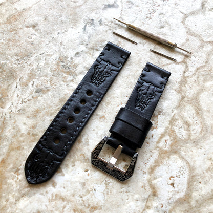 Buffalo Skull Band 22mm 24mm 25mm Handmade Black Genuine Leather Tooled Embossed Engraved Strap Bracelet Kit for Watches - Pins Buckle Tool