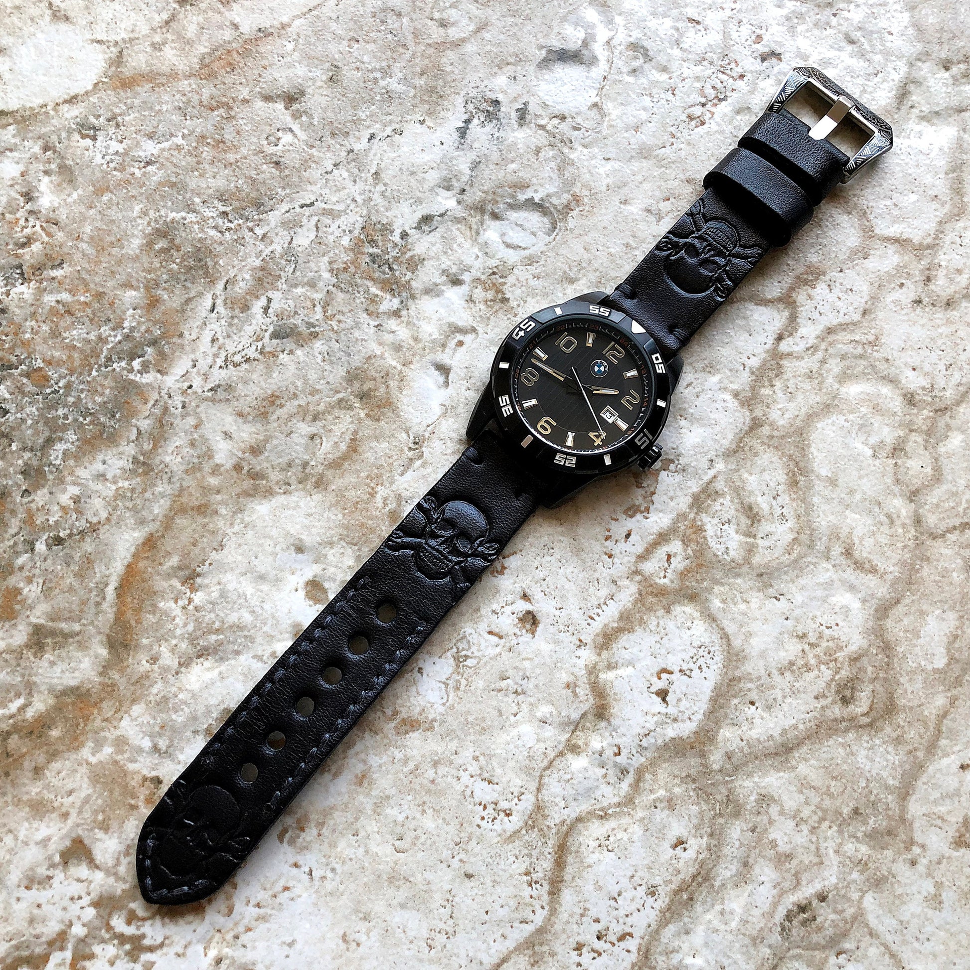 Garmin Skull X Bones Black Leather Band for Forerunner 745 265 255 Venu 3 2 Darth Vader First Avenger Vivoactive 4 Embossed Strap Tool B22