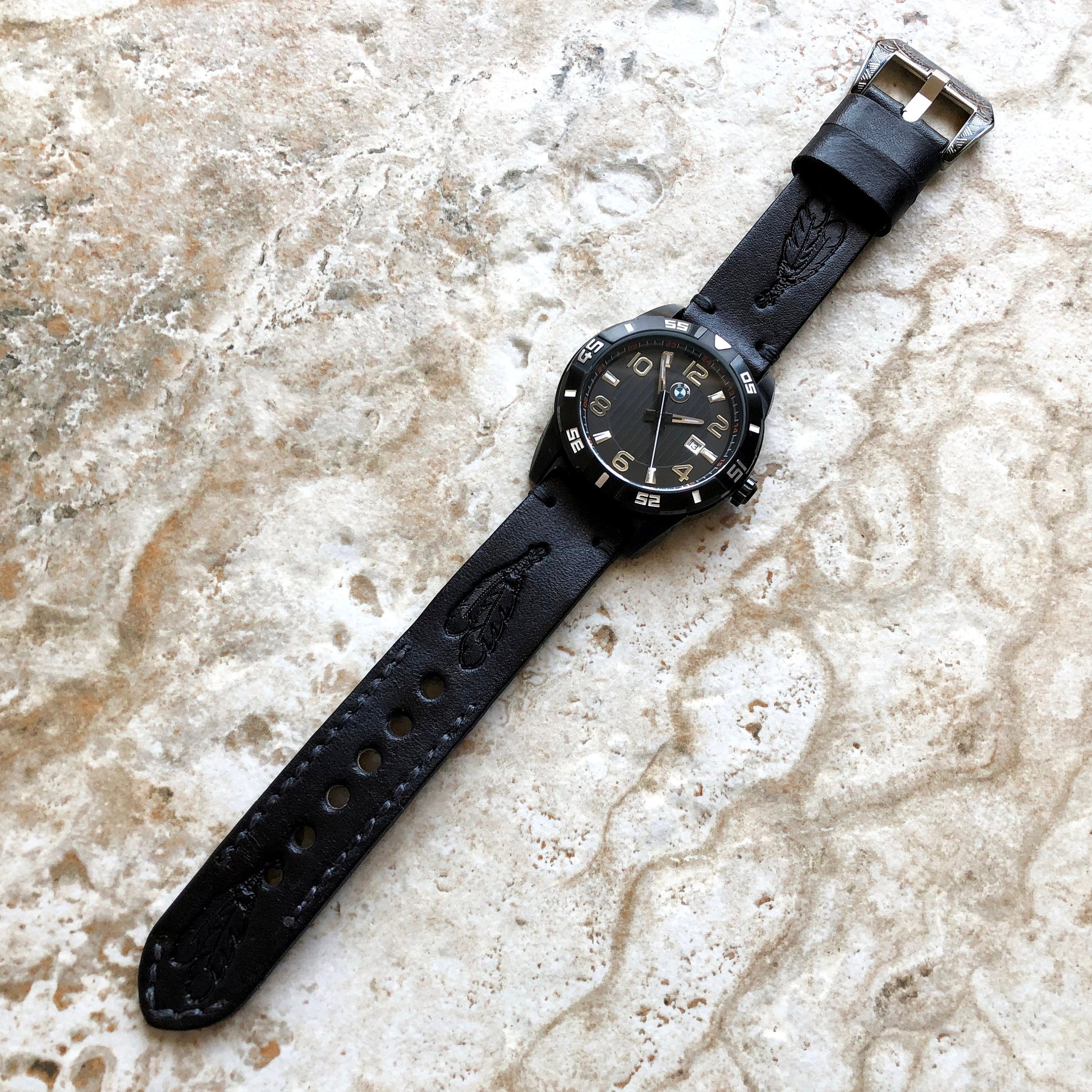Feathers Spirit Band 22mm 24mm 25mm Compatible with Apple Watch Fitbit Versa 2 3 4 Sense 2 Ionic Tooled Embossed Leather Strap