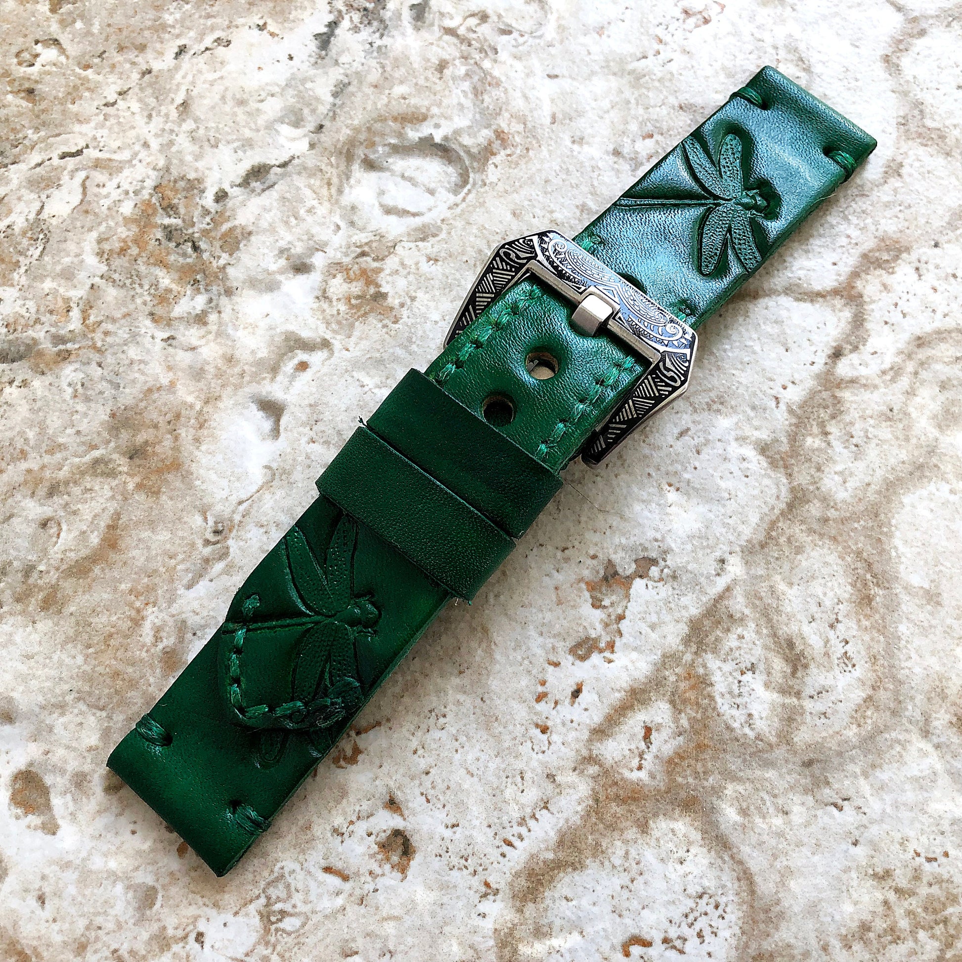 Dragonfly Band 22mm 24mm 25mm Tooled Embossed Genuine Leather Compatible with Apple Watch Fitbit Versa 2 3 4 Sense 2 Ionic Handmade Strap