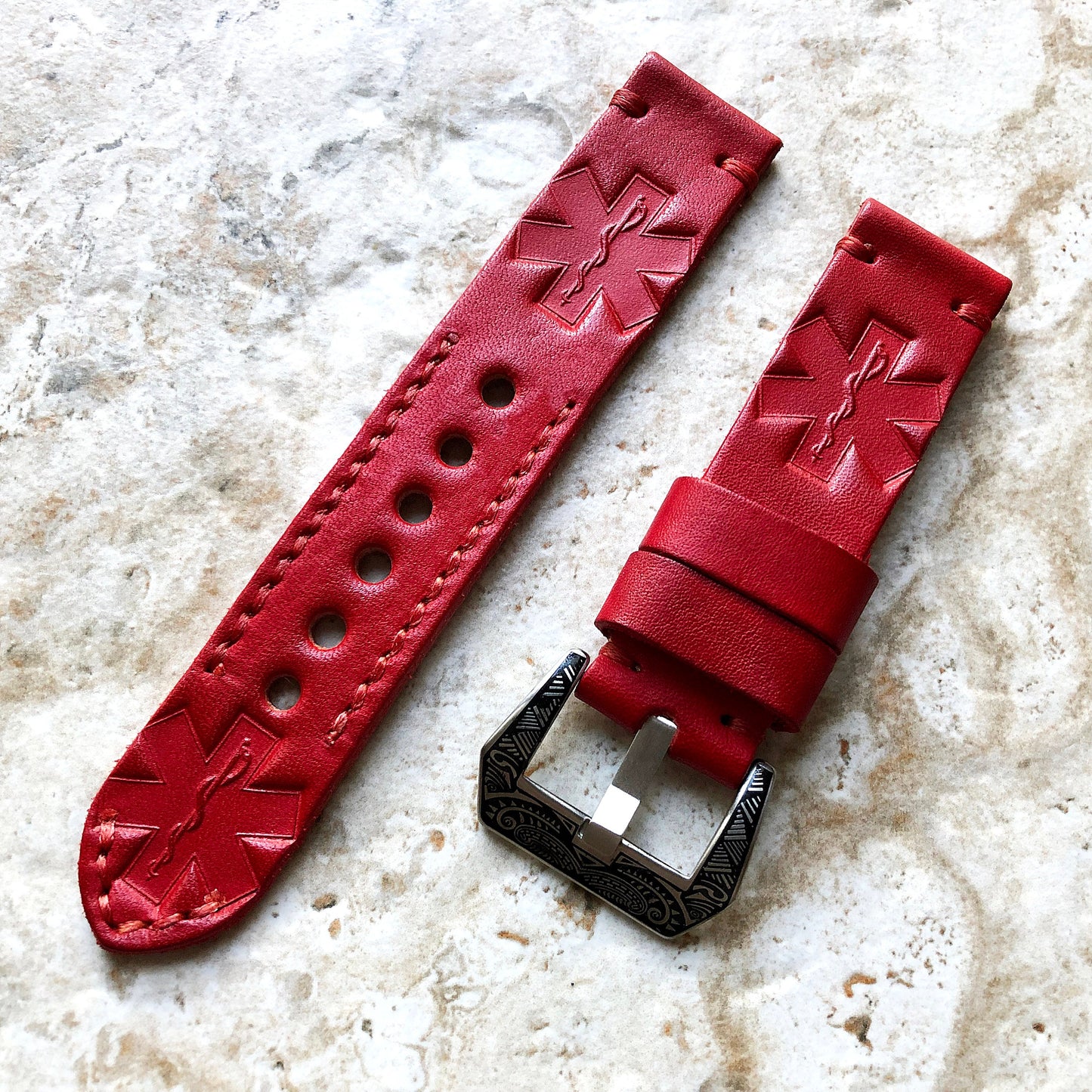 EMS Doc Medic Band 22mm 24mm 25mm Embossed Genuine Leather Compatible with Apple Watch Fitbit Versa 2 3 4 Sense 2 Ionic Handmade Strap