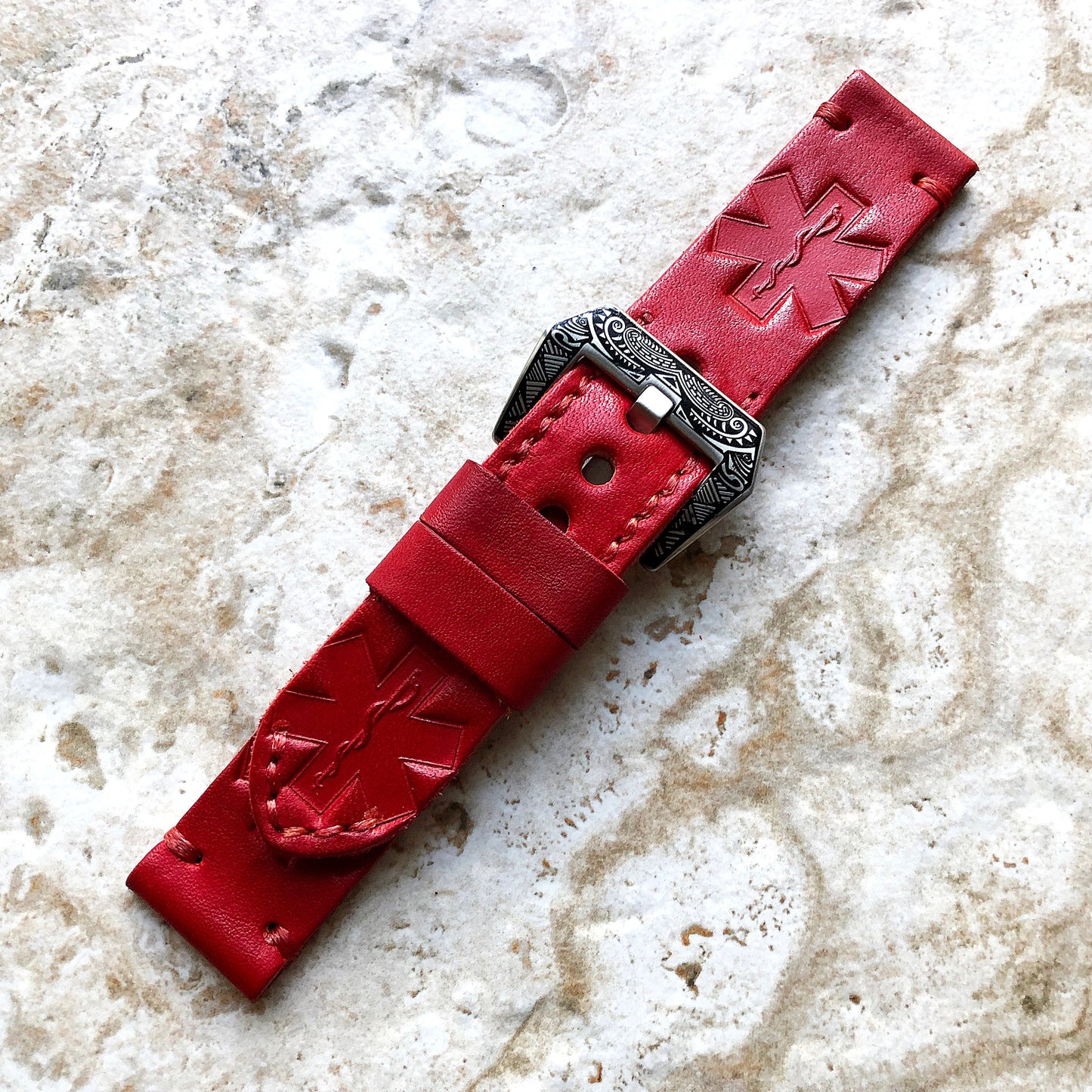 EMS Doc Medic Band 22mm 24mm 25mm Embossed Genuine Leather Compatible with Apple Watch Fitbit Versa 2 3 4 Sense 2 Ionic Handmade Strap