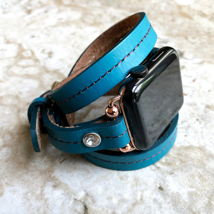 Apple New Vintage Style Blue Fashion Leather Band Strap Wrap Bracelet with Crystals for iWatch All Series 38mm 40mm 41mm 42mm 44mm 45mm 49mm