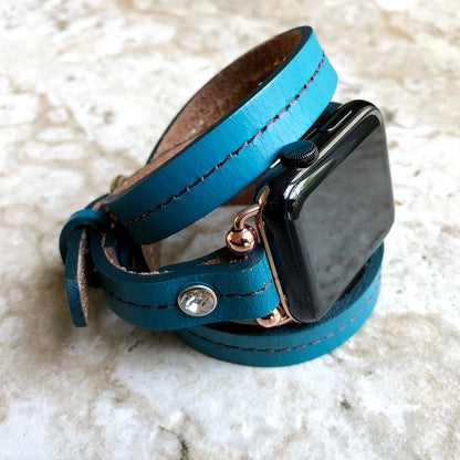 Apple New Blue Vintage Style Band for iWatch All Series 38mm 40mm 41mm 42mm 44mm 45mm 49mm Fashion Leather Strap Wrap Bracelet Crystals