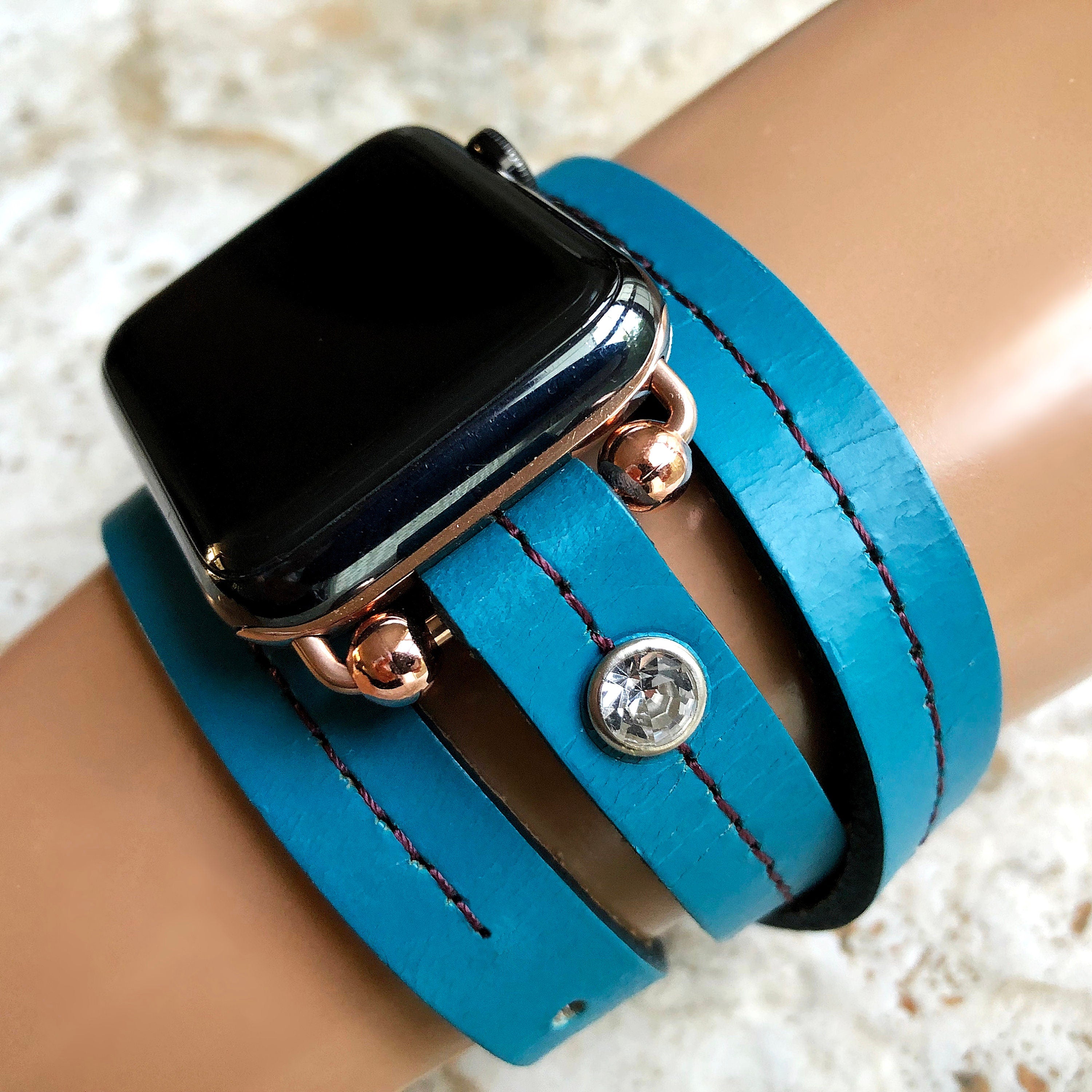 Apple New Vintage Style Blue Fashion Leather Band Wrap Bracelet with Crystals for Watch Ultra 2 49mm and 9 8 Series 41mm 45mm Handmade Strap