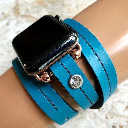 Apple New Blue Vintage Style Band for iWatch All Series 38mm 40mm 41mm 42mm 44mm 45mm 49mm Fashion Leather Strap Wrap Bracelet Crystals