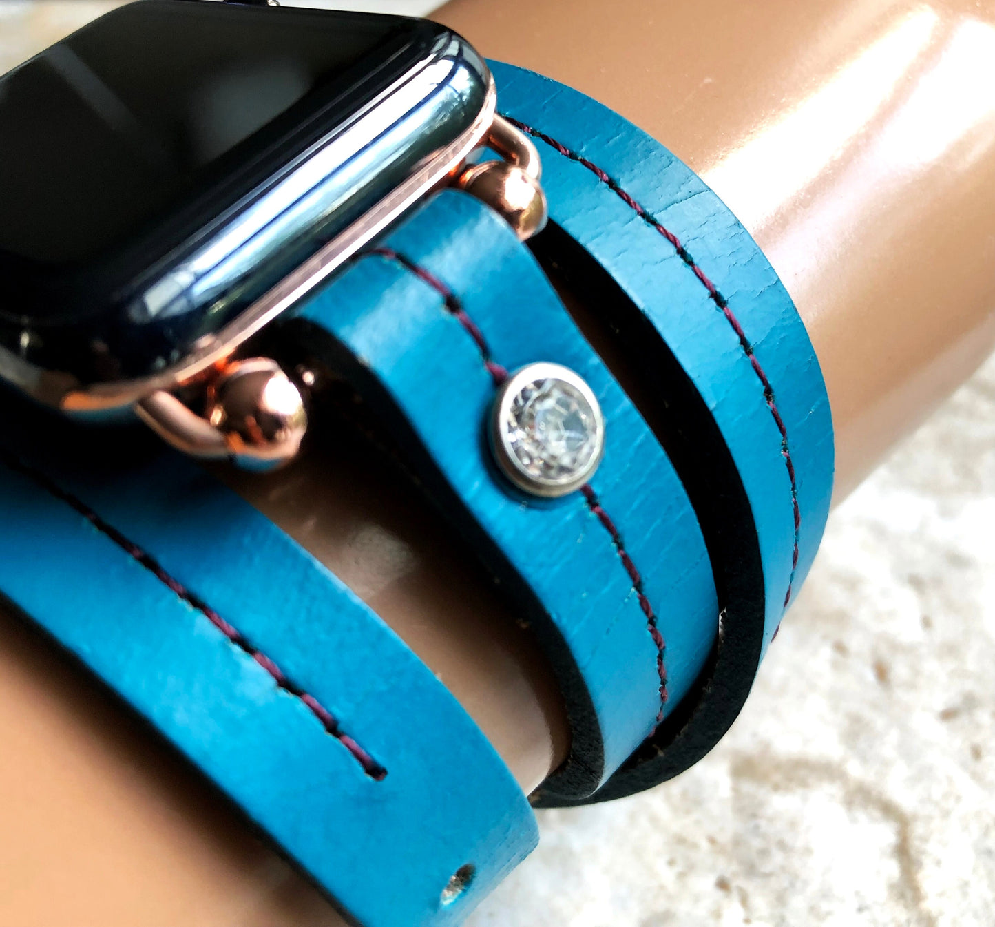 Apple New Vintage Style Blue Fashion Leather Band Strap Wrap Bracelet with Crystals for iWatch All Series 38mm 40mm 41mm 42mm 44mm 45mm 49mm