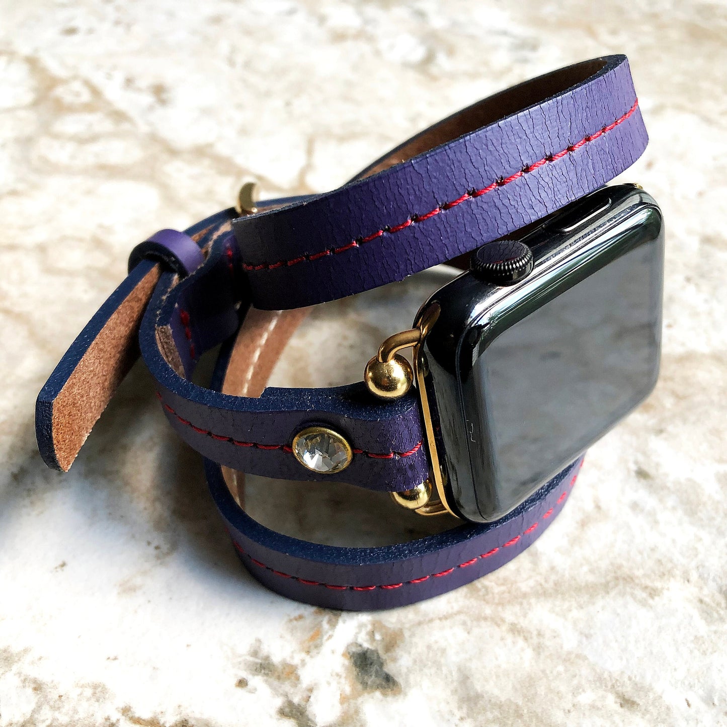 Apple New Purple Vintage Style Band for iWatch Ultra 2 49mm and 9 8 Series 41mm 45mm Case Handmade Leather Strap Wrap Bracelet Crystals