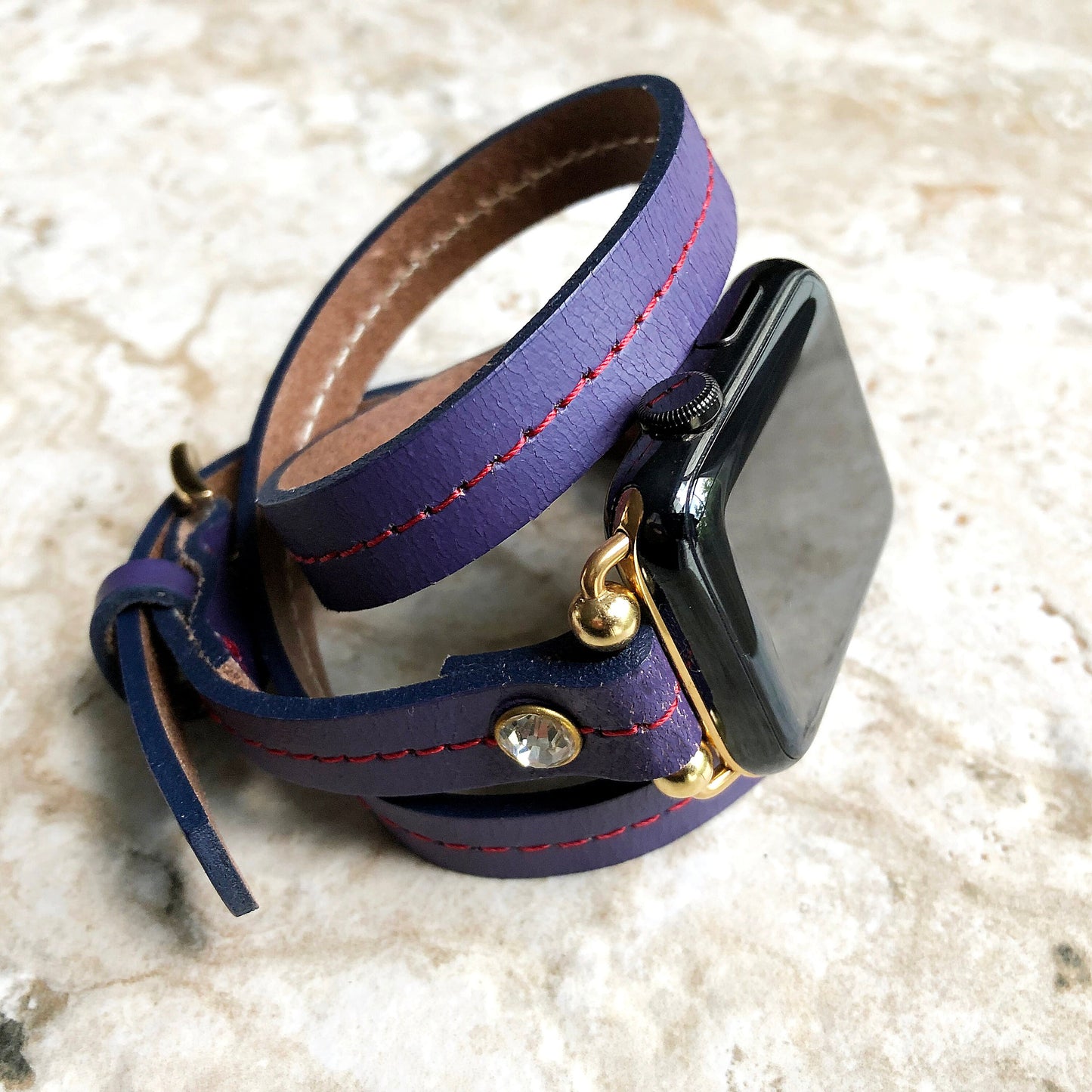 Apple New Purple Vintage Style Band for iWatch Ultra 2 49mm and 9 8 Series 41mm 45mm Case Handmade Leather Strap Wrap Bracelet Crystals