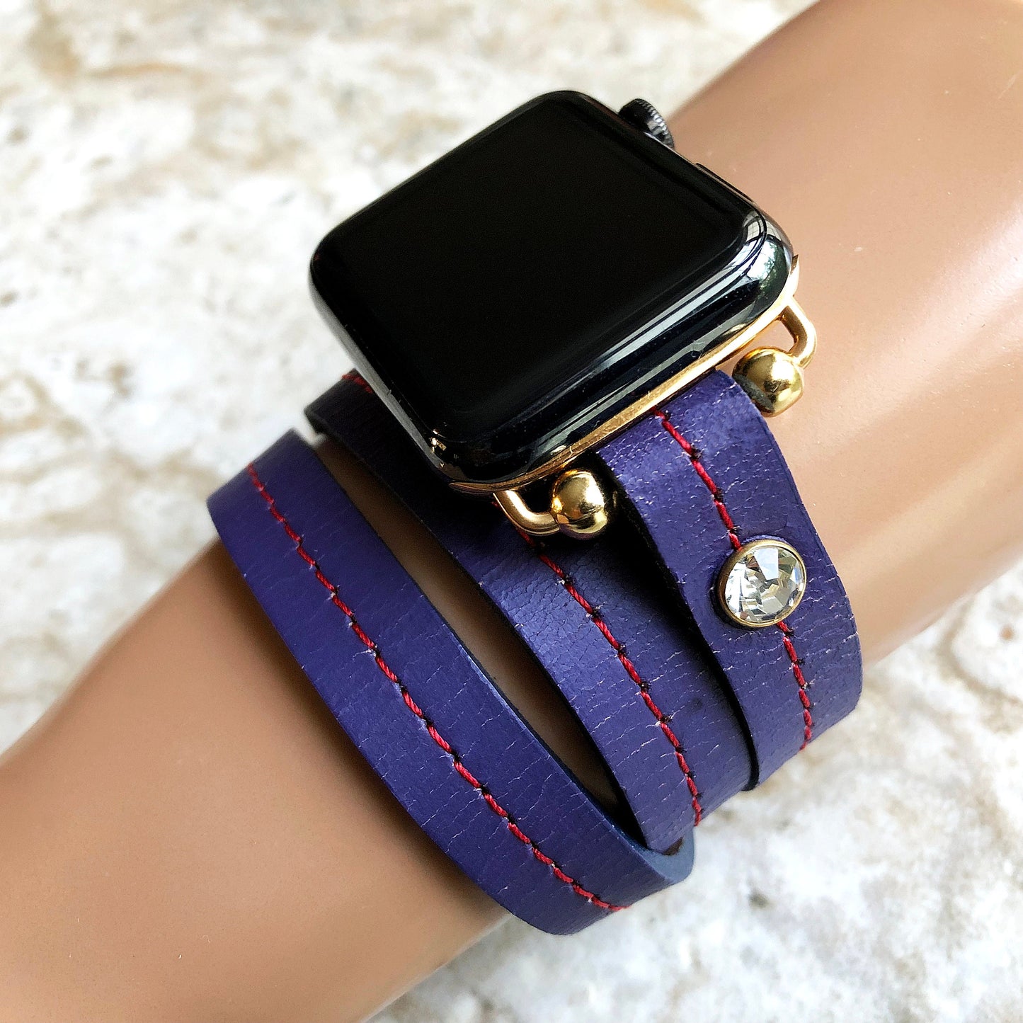 Apple New Vintage Style Purple Leather Band Strap Wrap Bracelet with Crystals for iWatch Ultra 2 49mm and 9 8 Series 41mm 45mm Case Handmade