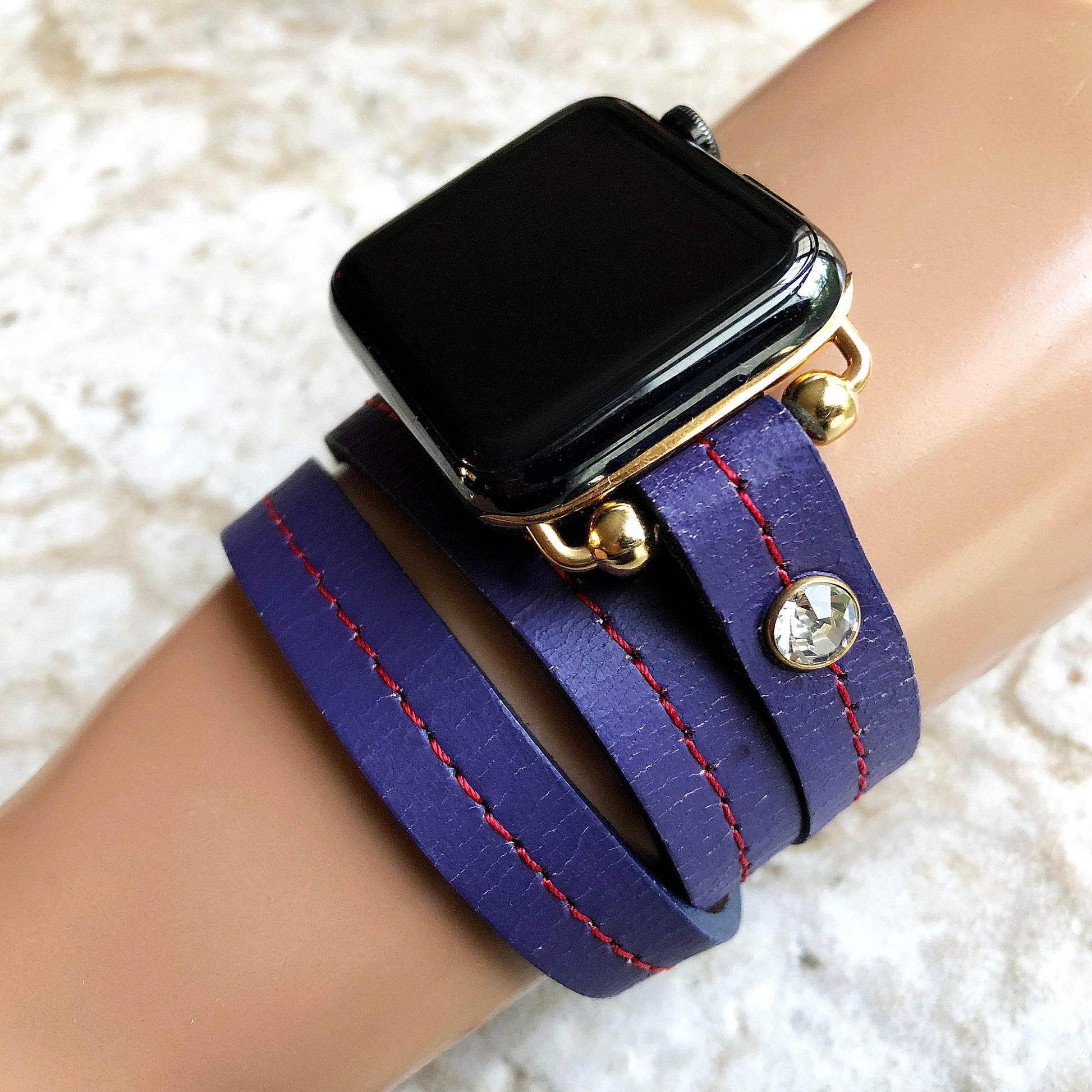 Apple New Vintage Style Purple Leather Band Strap Wrap Bracelet with Crystals for iWatch Ultra 2 49mm and 9 8 Series 41mm 45mm Case Handmade