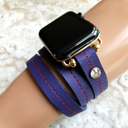 Apple New Vintage Style Purple Leather Band Strap Wrap Bracelet with Crystals for iWatch Ultra 2 49mm and 9 8 Series 41mm 45mm Case Handmade