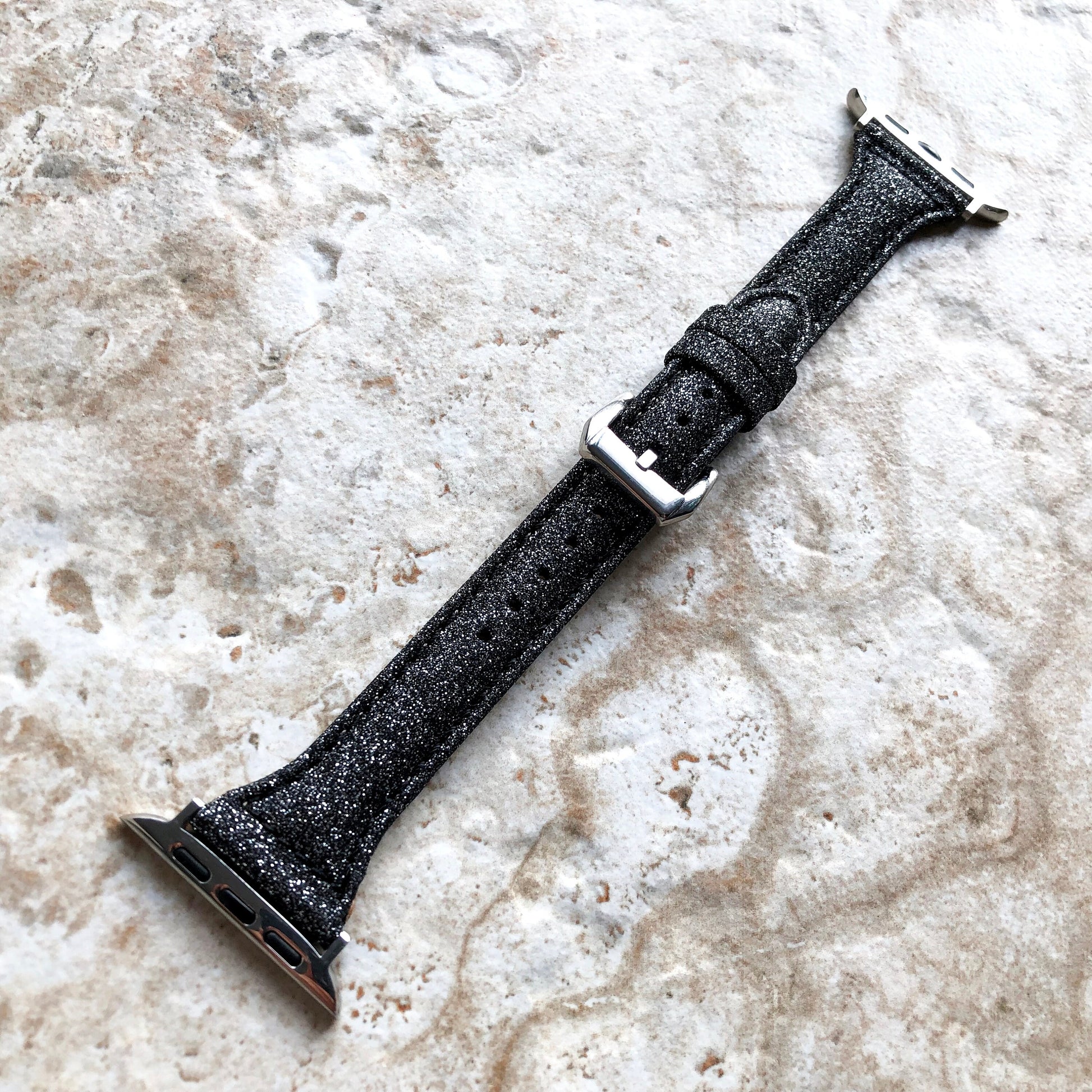 Apple Black Sparkling Glitter Band for iWatch All Series 38mm 40mm 41mm 42mm 44mm 45mm 49mm Case Slim Elegant Soft Leather Straps