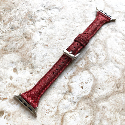 Apple Watch Red Sparkling Glitter Band for iWatch Ultra 2 49mm and 9 8 Series 41mm 45mm Case Slim Handmade Elegant Leather Straps