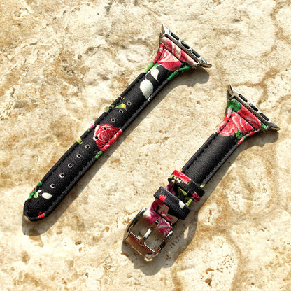Apple Red Roses Band for iWatch Ultra 2 49mm and 9 8 Series 41mm 45mm Case Slim Handmade Elegant Soft Leather Straps Bracelet