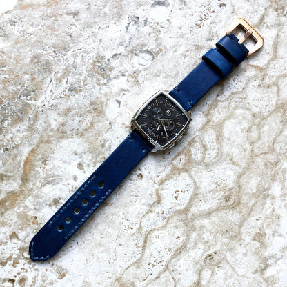 22mm Blue Leather Handmade Watch Band Strap Compatible with Apple Watch Ultra 2 9 8 7 SE 6 5 4 3 2 1 Series Fitbit Versa 2 3 4 Sense 2 Ionic