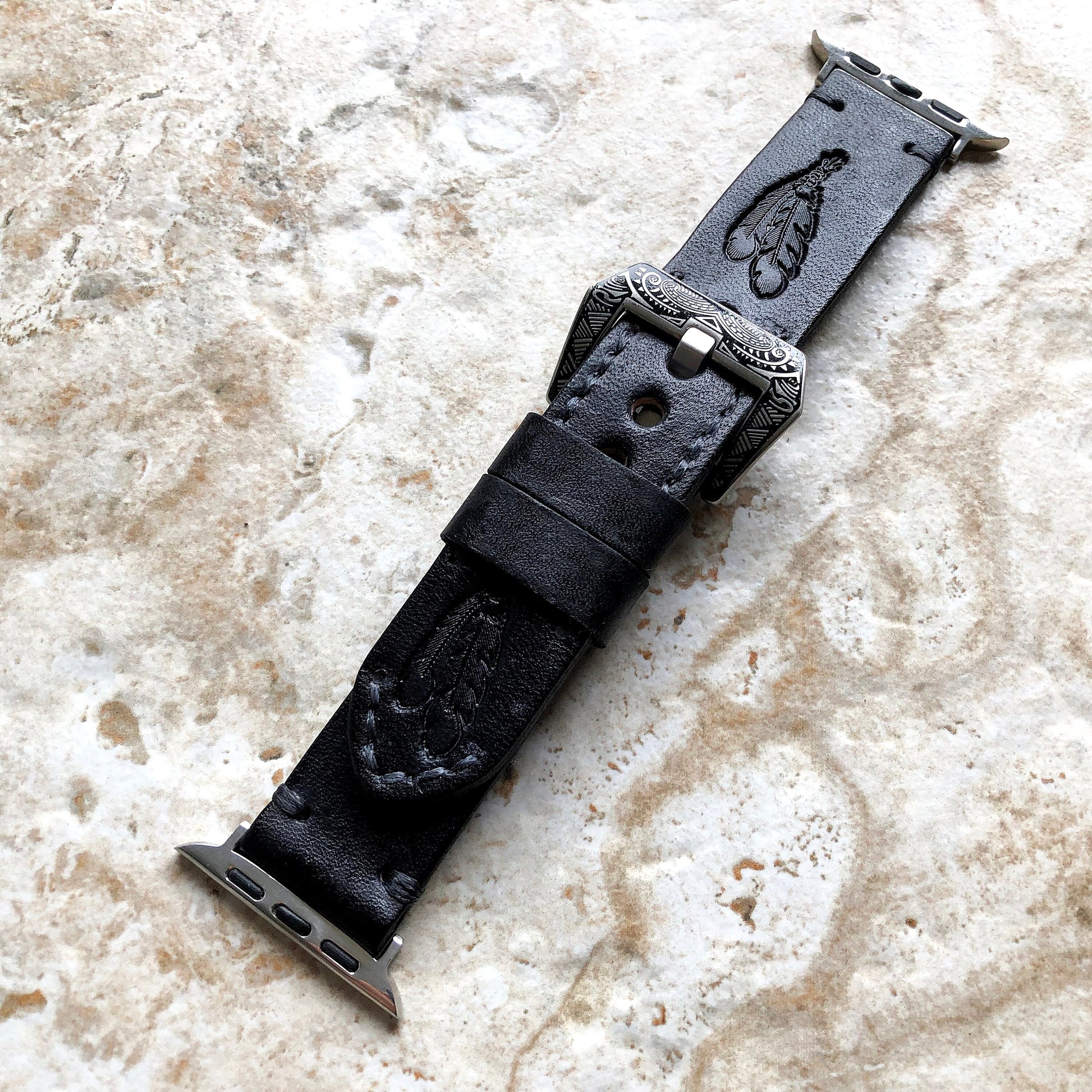 Feathers Spirit Band 22mm 24mm 25mm Embossed Genuine Leather Compatible with Apple Watch Fitbit Versa 2 3 4 Sense 2 Ionic Handmade Strap