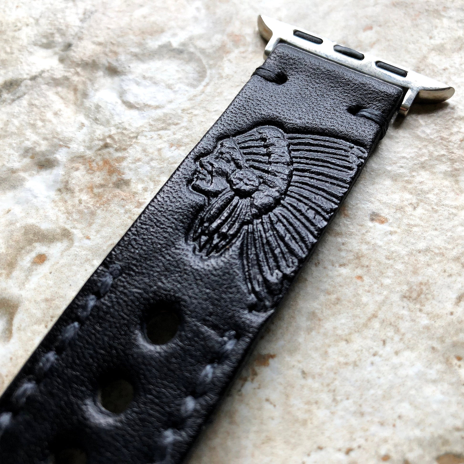 Chief Boss Band 22mm 24mm 25mm Tooled Embossed Genuine Leather Compatible with Apple Watch Fitbit Versa 2 3 4 Sense 2 Ionic Handmade Strap