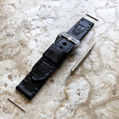 Buffalo Skull Band 22mm 24mm 25mm Tooled Embossed Genuine Leather Compatible with Apple Watch Fitbit Versa 2 3 4 Sense 2 Ionic Strap