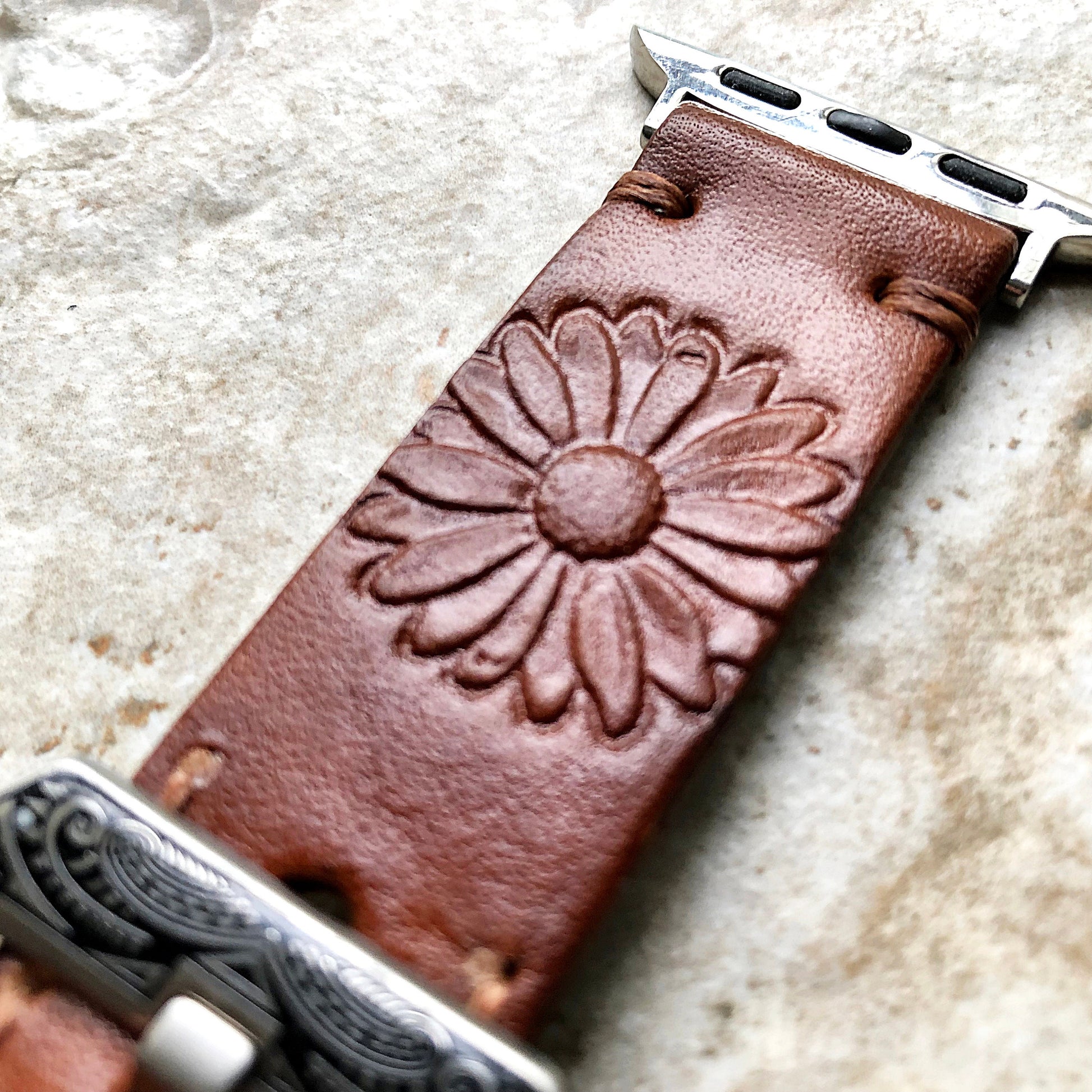 Daisy Flower Band 22mm 24mm 25mm Tooled Embossed Genuine Leather Compatible with Apple Watch Fitbit Versa 2 3 4 Sense 2 Ionic Strap