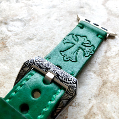 Cross Fleury Band 22mm 24mm 25mm Tooled Embossed Genuine Leather Compatible with Apple Watch Fitbit Versa 2 3 4 Sense 2 Ionic Strap